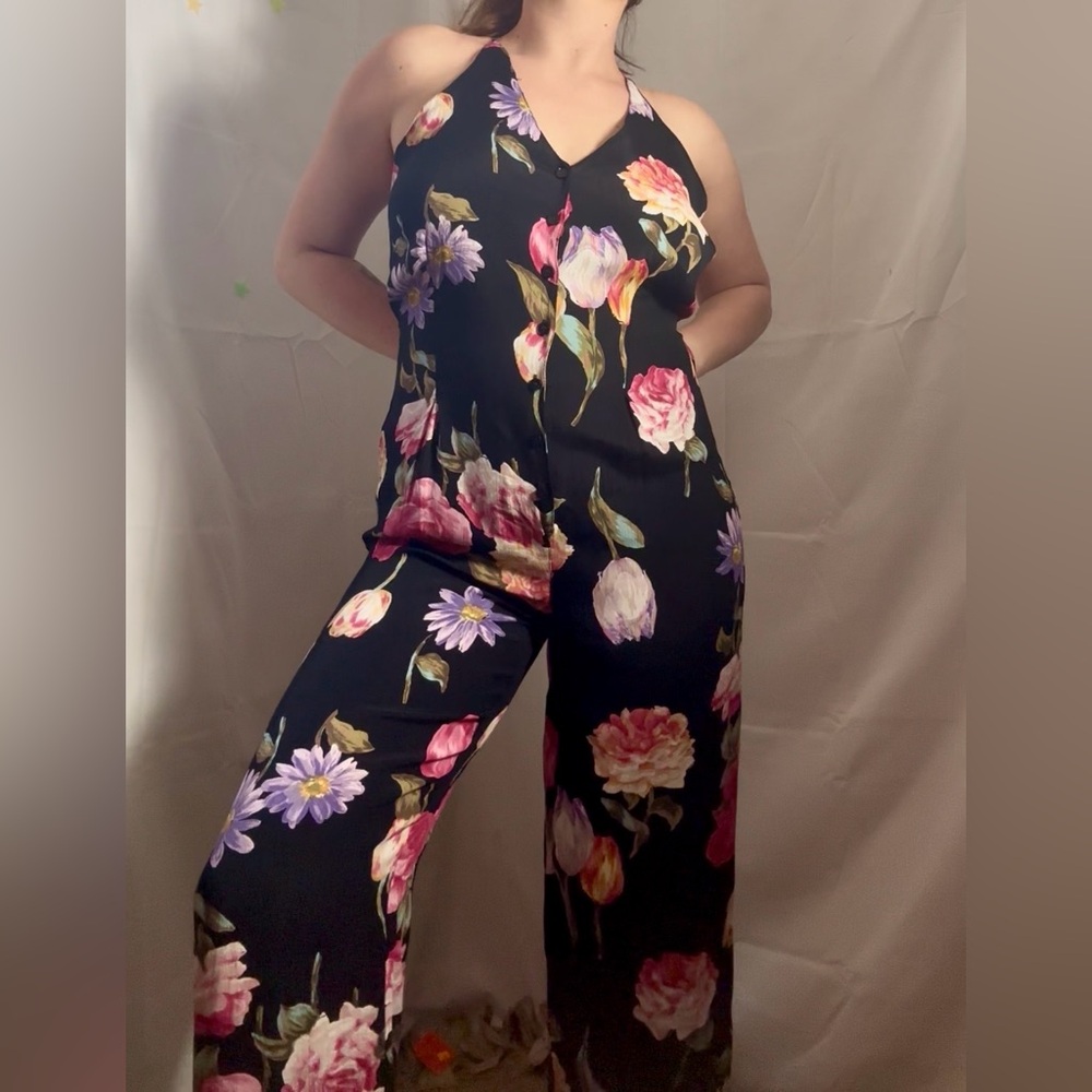 VTG Black Floral Wide Leg Romantic Goth Sleeveless‎ Romper Size M